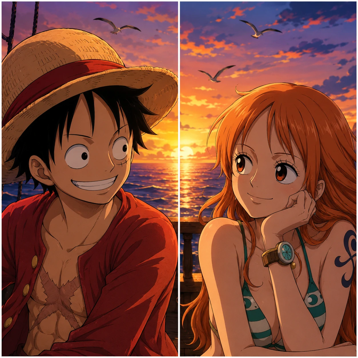 Luffy and Nami matching PFP with shared background design