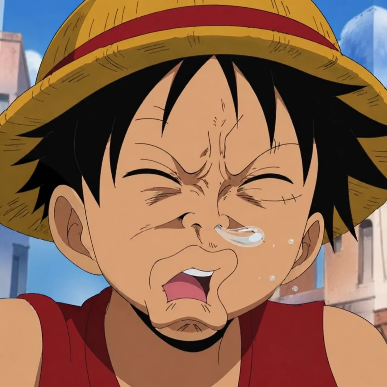 Luffy funny face PFP mid-sneeze with squashed expression