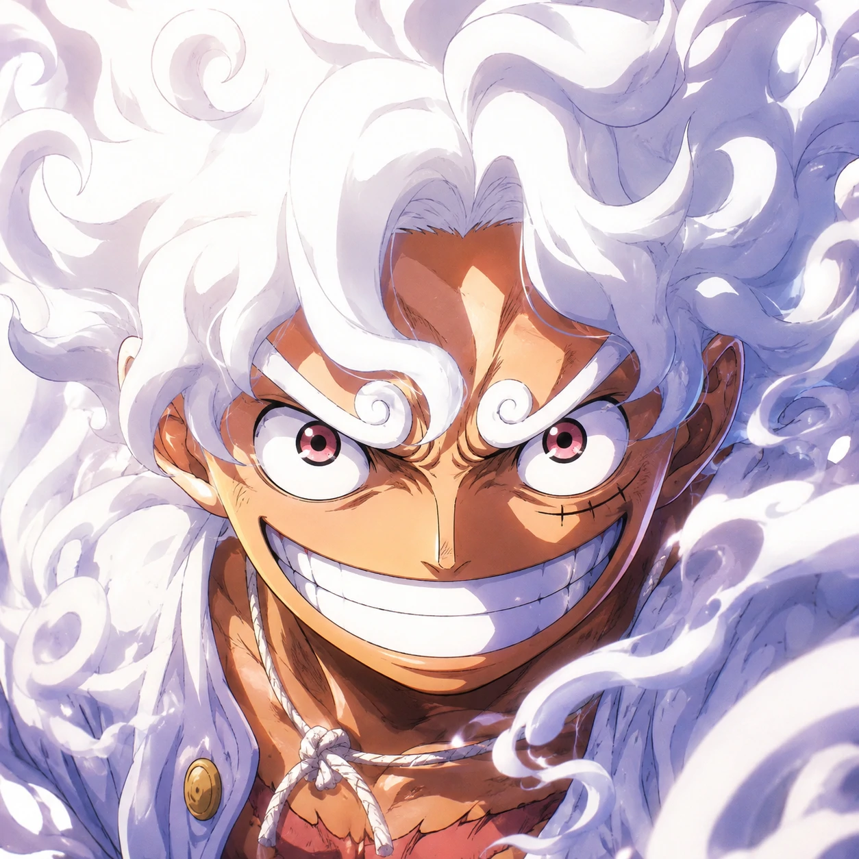 Luffy Gear 5 PFP close-up with flowing white hair and confident eyes
