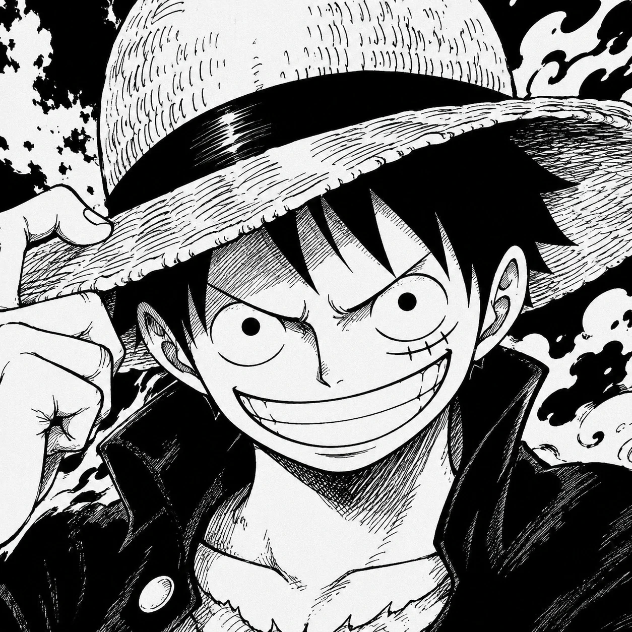 Luffy PFP in black and white manga style with bold ink lines