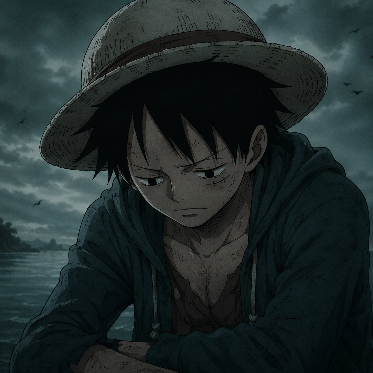 Sad Luffy Discord PFP with muted teal and grey tones