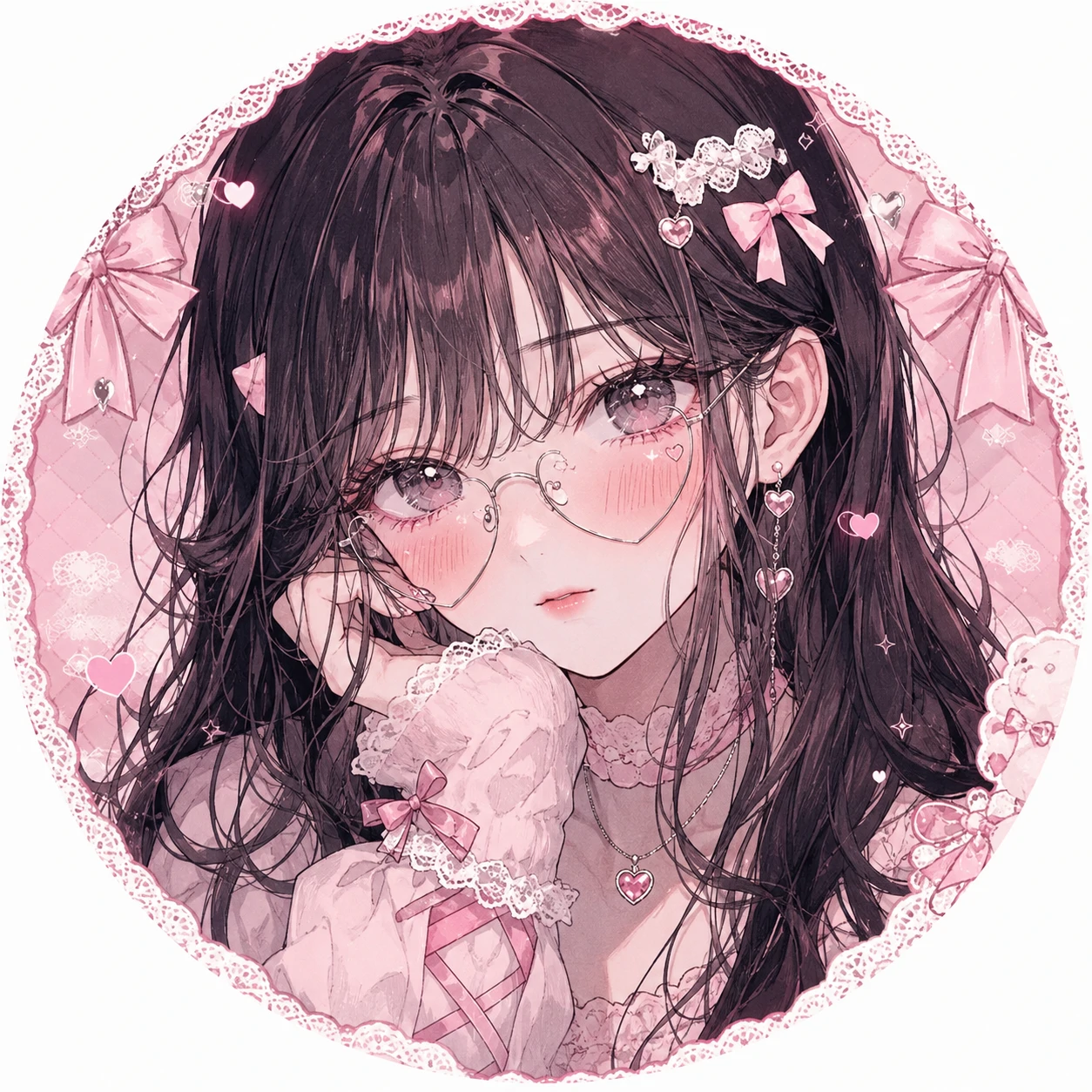 Manga coquette PFP with thin glasses and a small heart pendant.