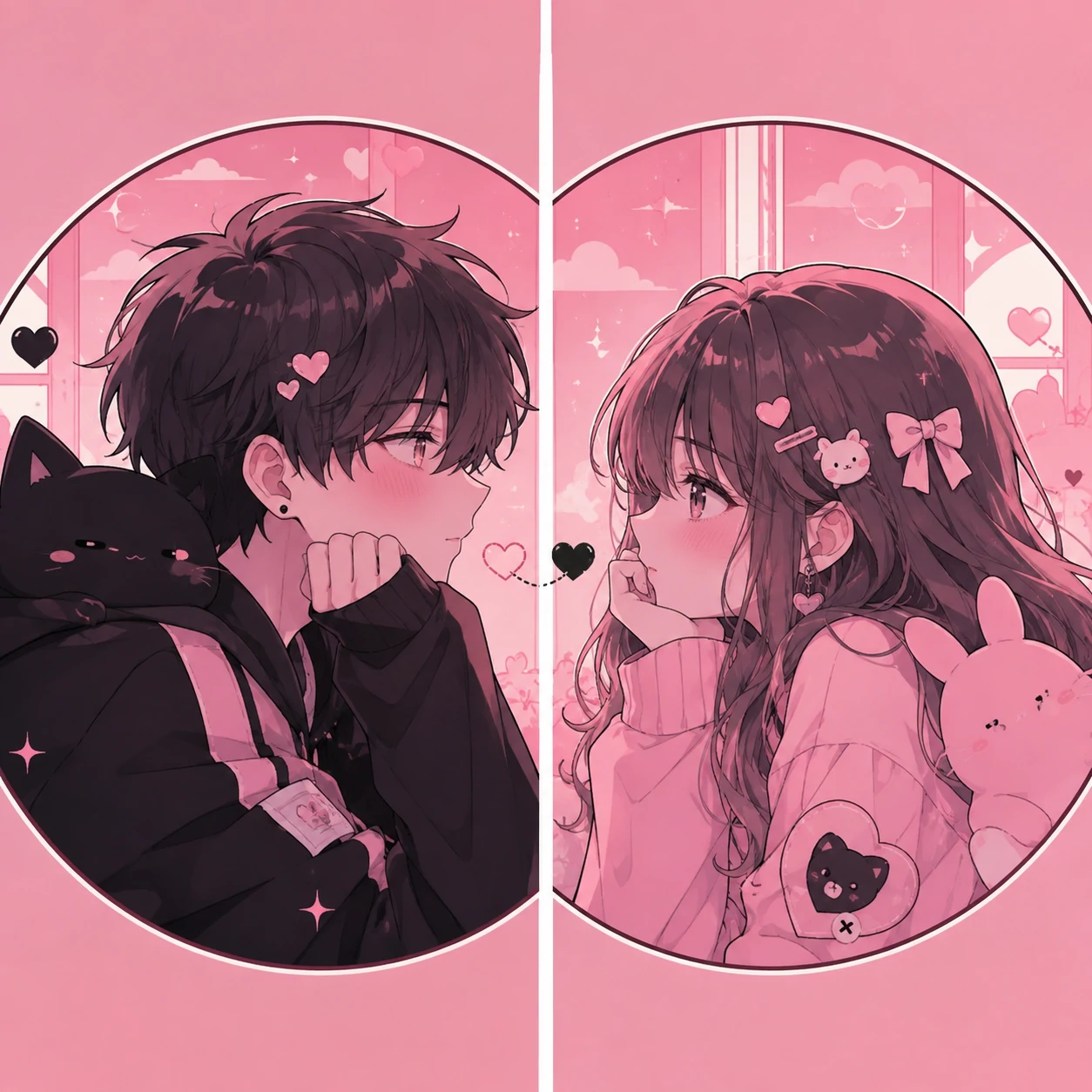 Matching anime pink pfp set with split-scene framing and blush colors