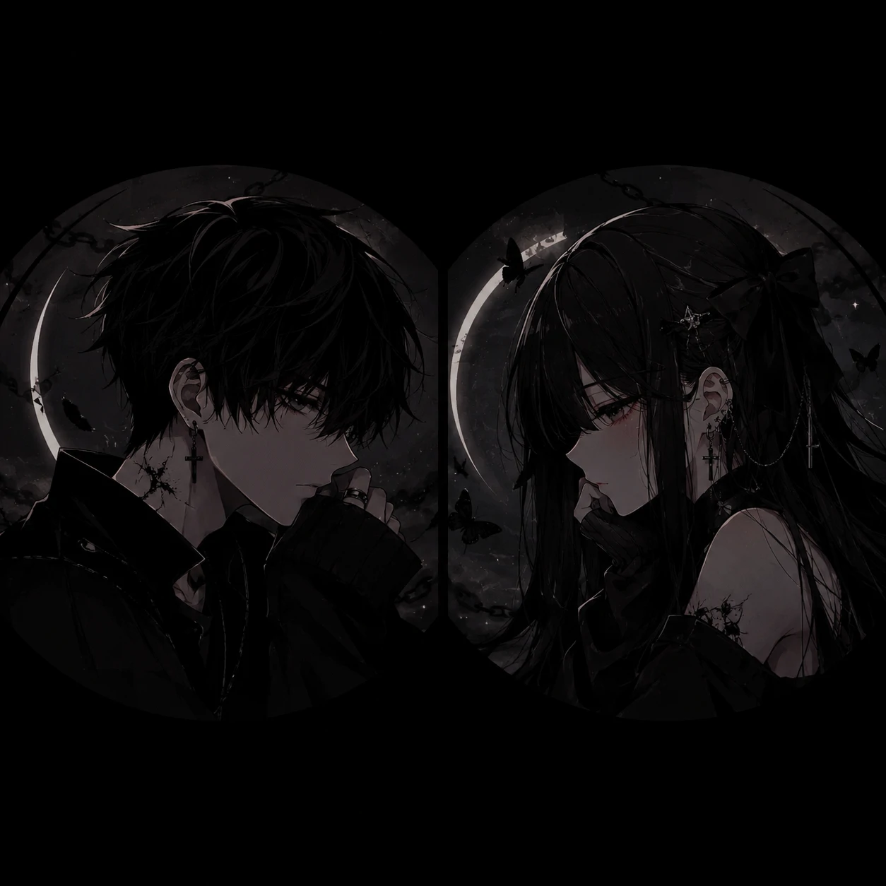 Soft editorial matching black pfp couple with gentle styling, dark palette, and symmetry.