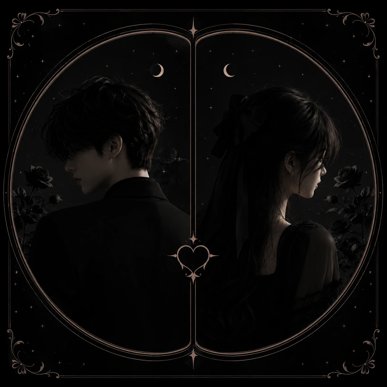 Matching black anime couple pfp with two characters in a dark shared palette.