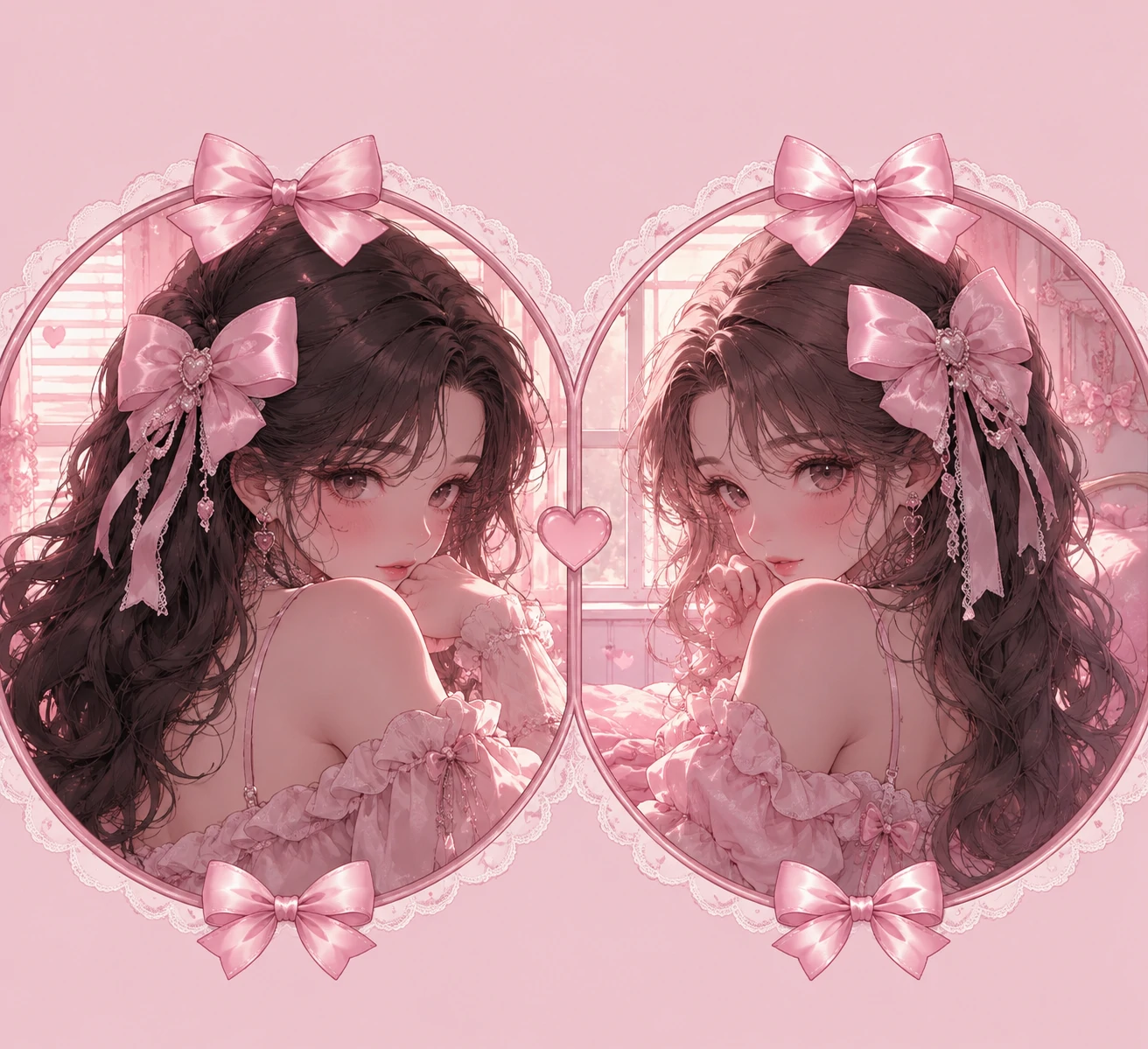 Matching coquette PFP duo with pink ribbon styling for two users.