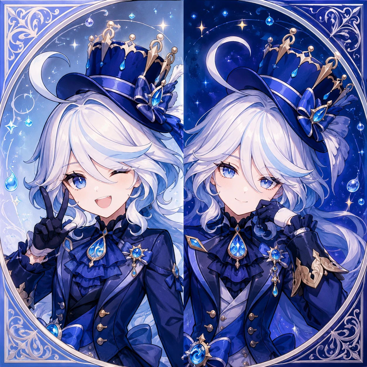 Matching Furina duo PFP with two friends both in her signature hat