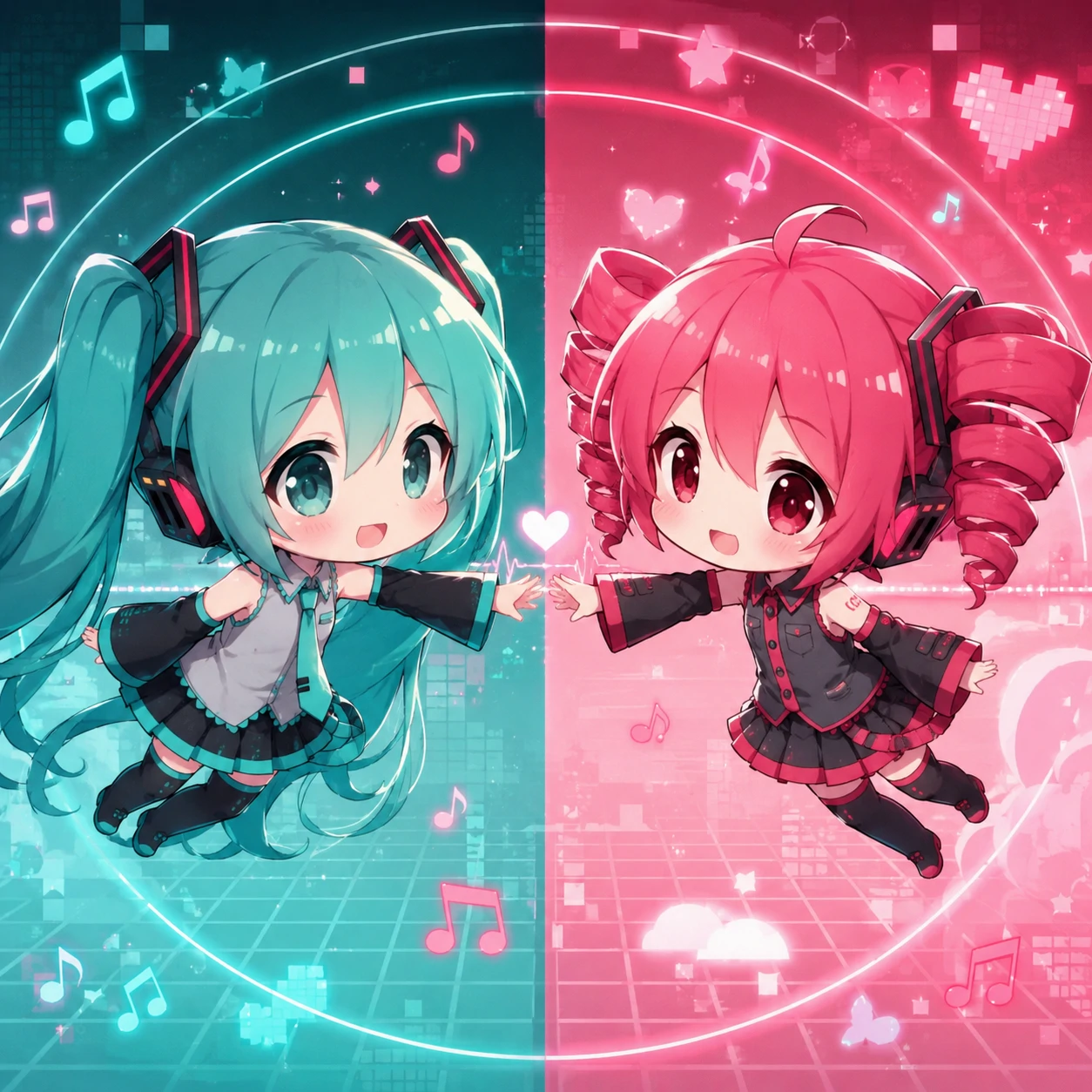 Chibi Miku and Teto matching PFP holding hands across two avatars