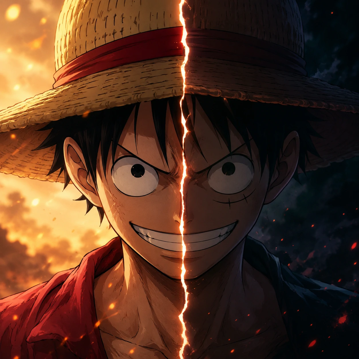 Matching Luffy PFP half of a Luffy and Zoro split icon set