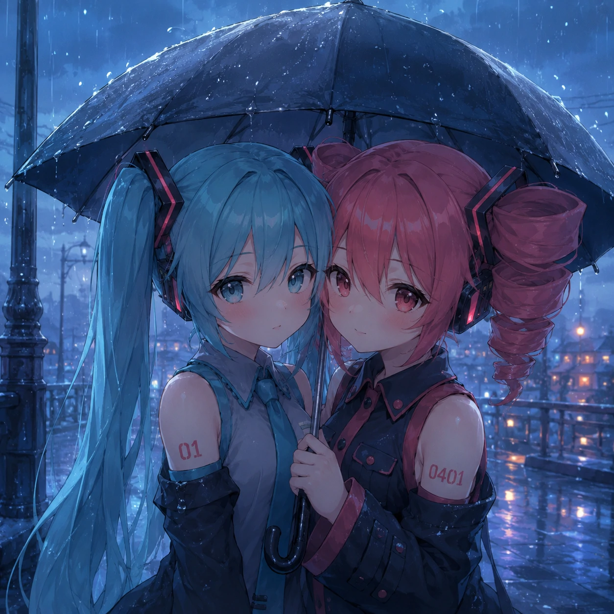 Matching Miku and Teto icons under one umbrella with rainy blue background
