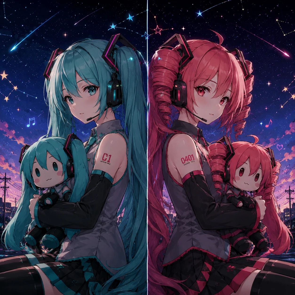 Matching Miku and Teto profile pictures back to back with mirrored poses