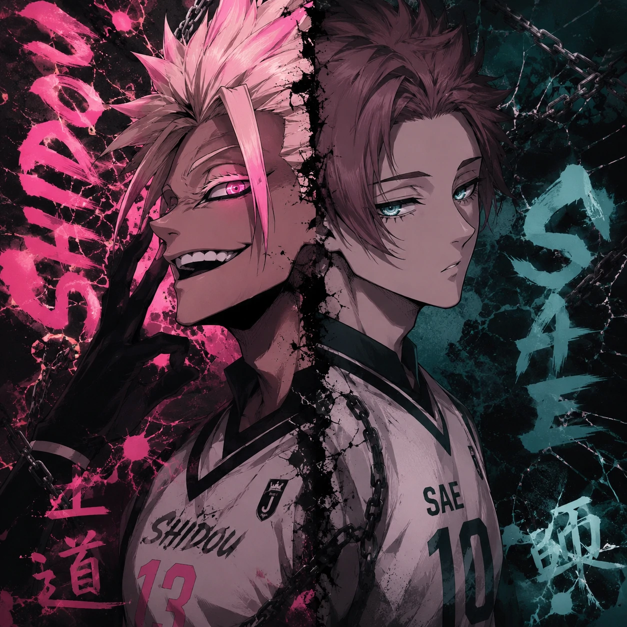 Matching PFP of Shidou and Sae as a stylized duo portrait edit