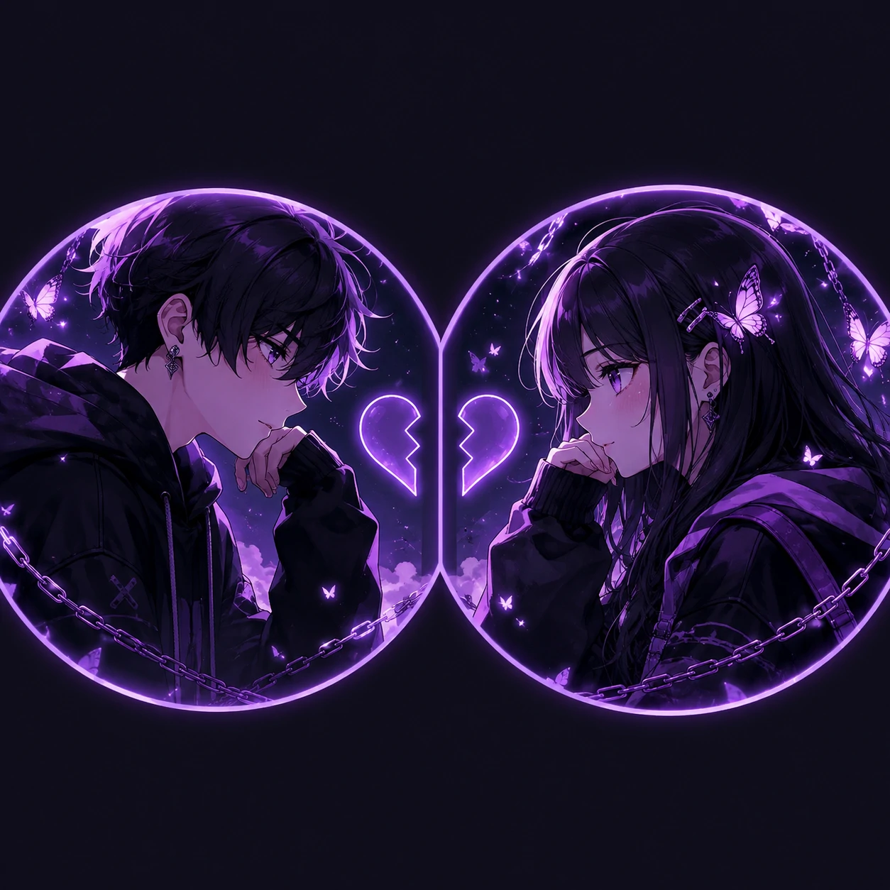 Matching purple gamer PFP set with neon glow and mirrored avatars