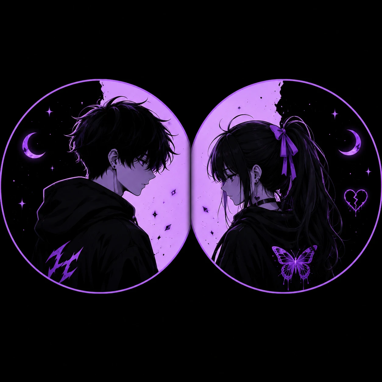 Dark matching purple profile pictures with black and lilac split design