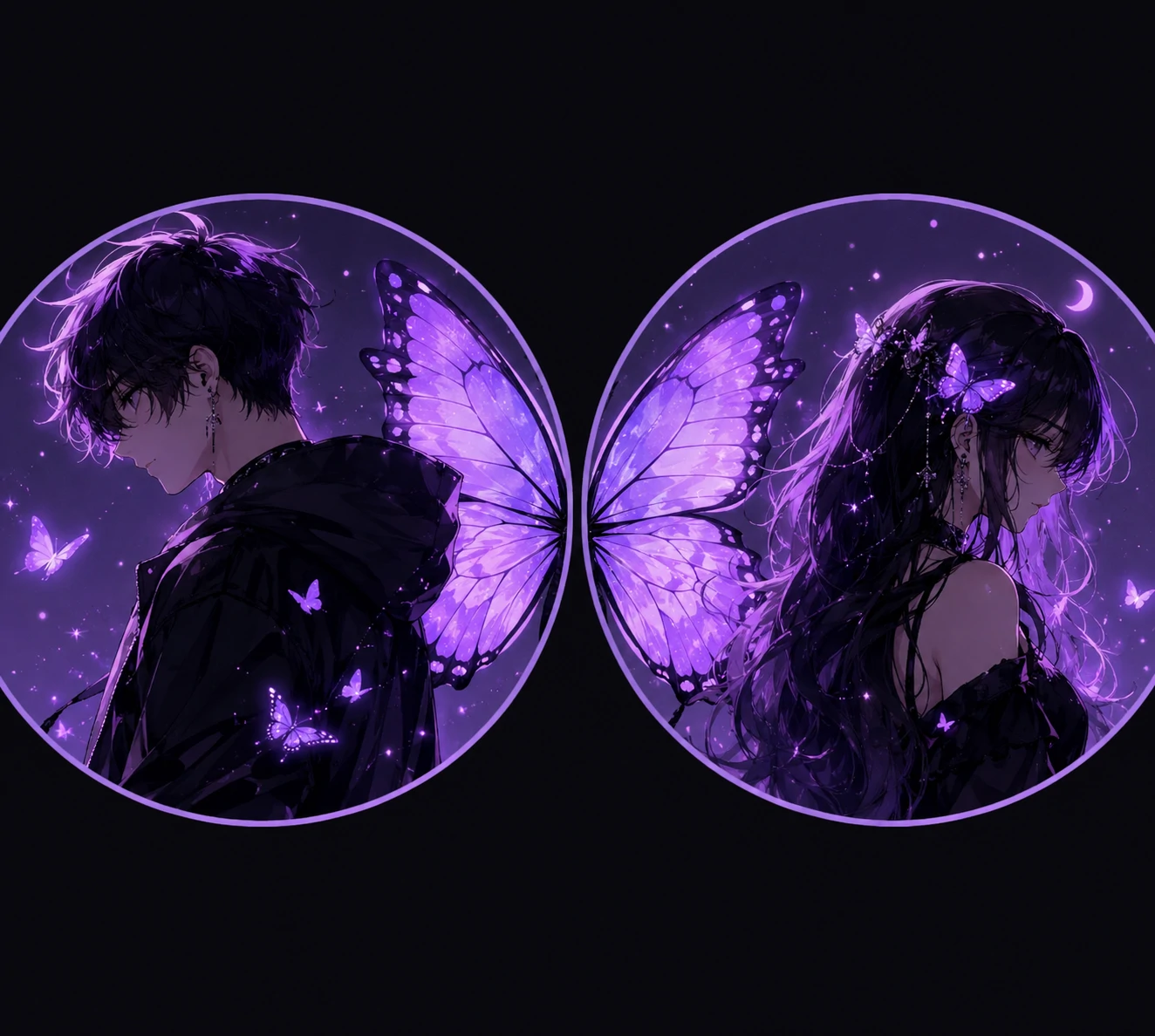 Matching purple PFP pair with butterfly wings connecting across both icons