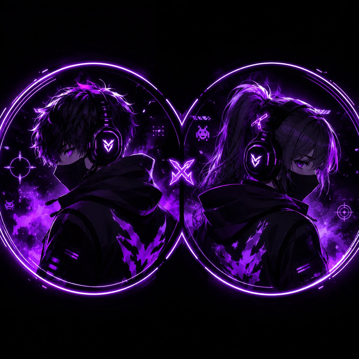Purple matching anime PFP for couple with glowing lavender accents