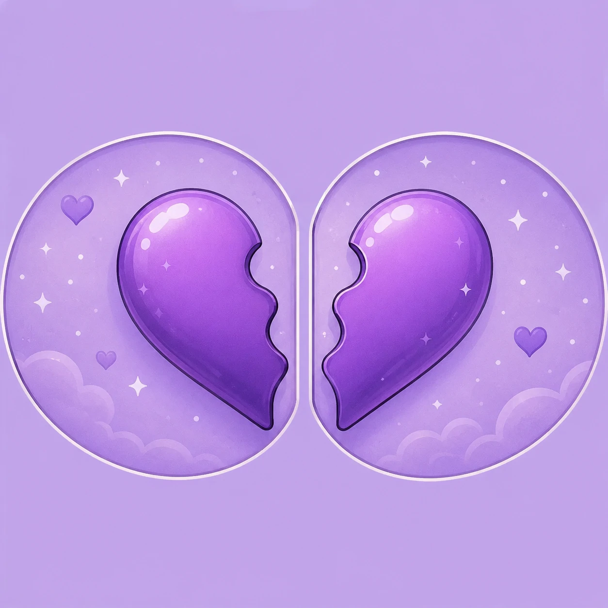Matching purple PFP pair with half hearts and soft violet background