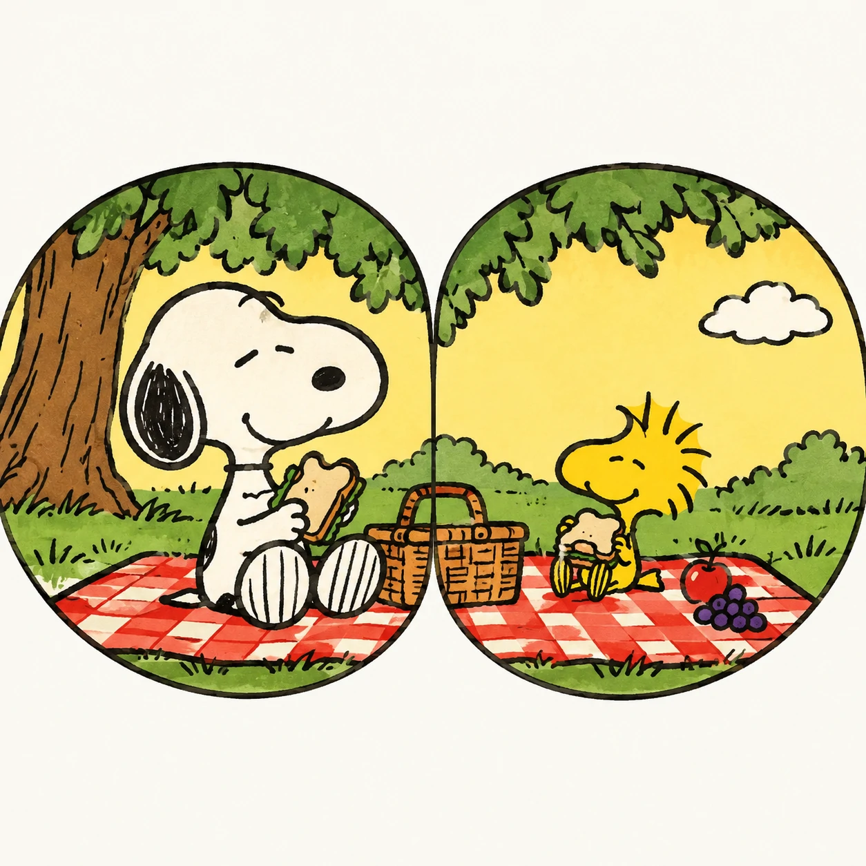 Snoopy and Woodstock matching PFP pair sharing a picnic under a tree