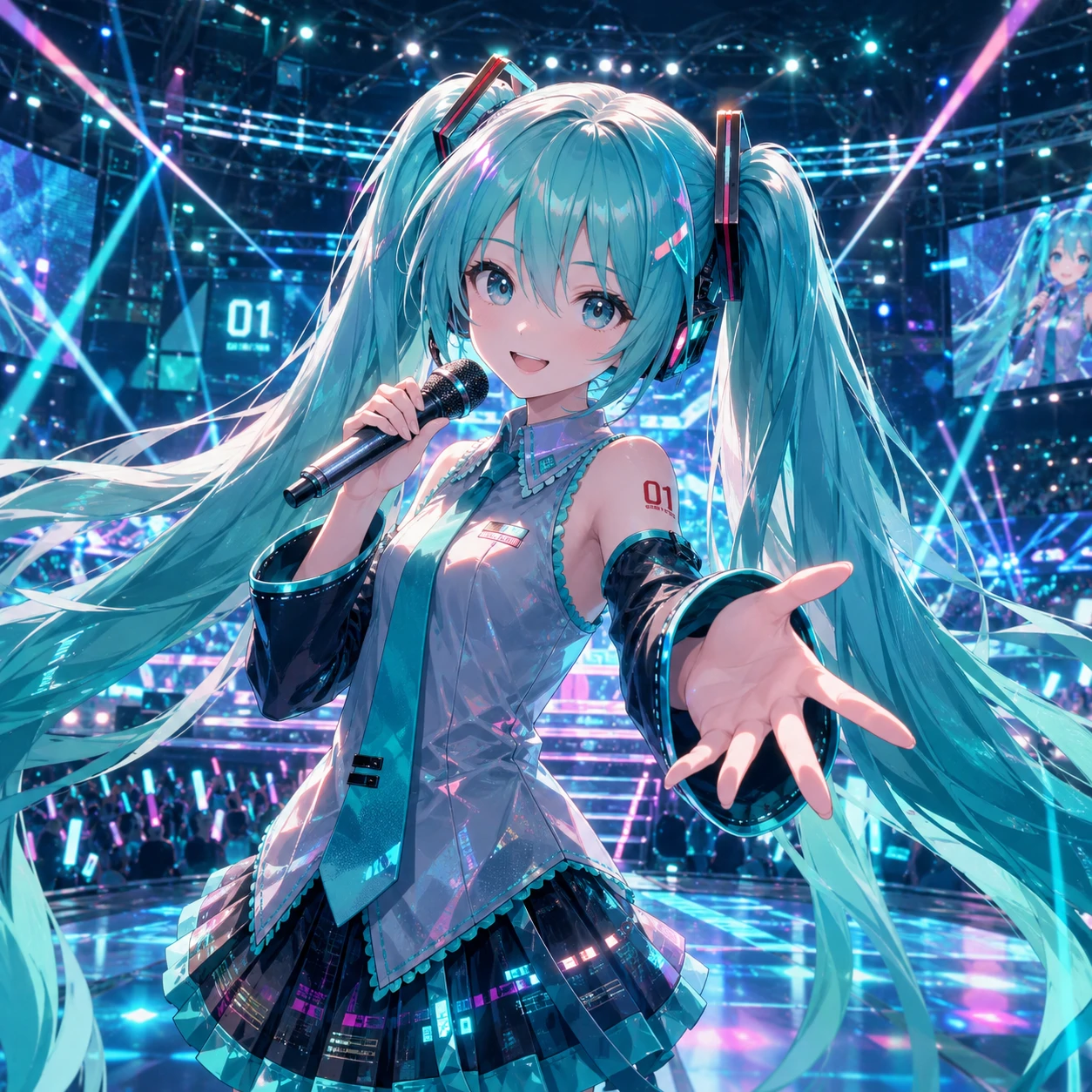 4K Miku PFP on a concert stage with glowing lights and detailed costume