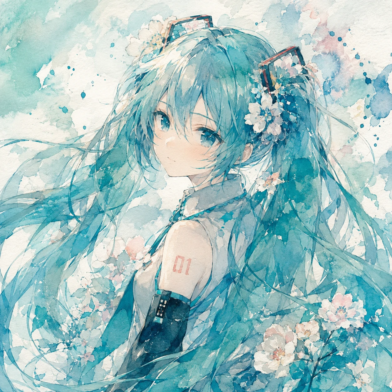 4K Miku PFP in soft watercolor style with detailed teal pigment washes