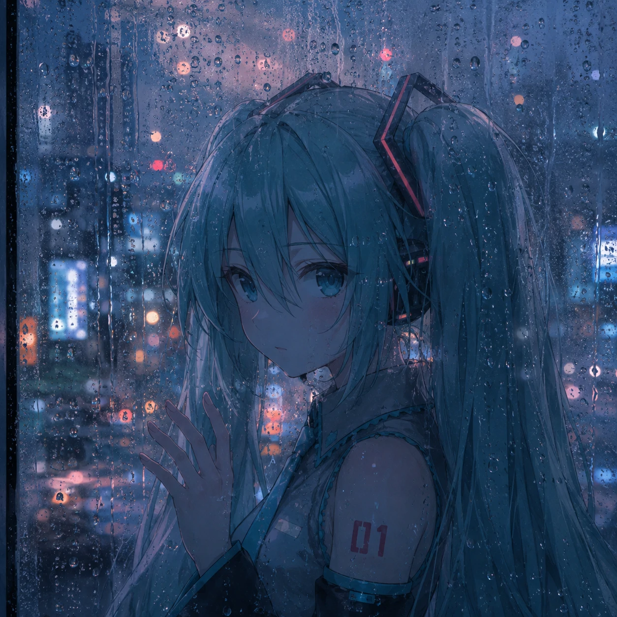 Aesthetic Miku PFP behind a rainy window with bokeh city lights