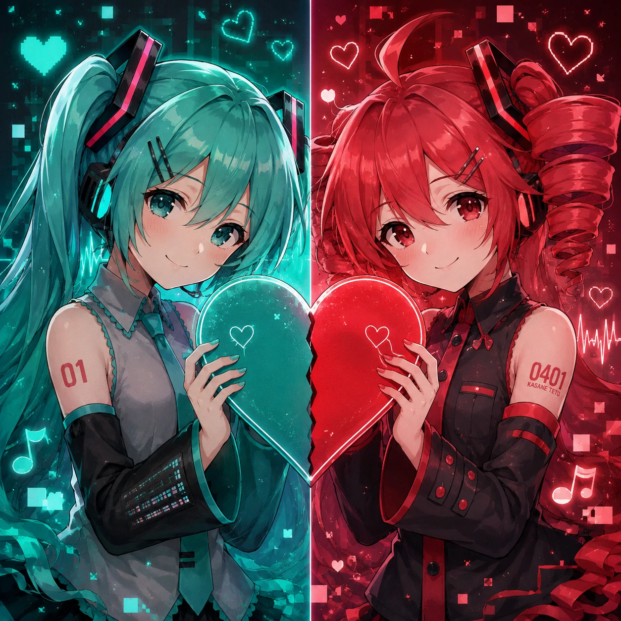 Miku and Teto matching PFP split across a heart with teal and red halves