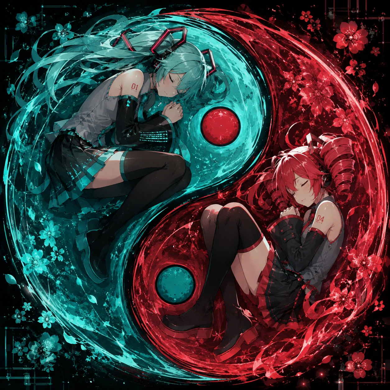 Yin-yang style Miku and Teto matching PFP with contrasting teal and red