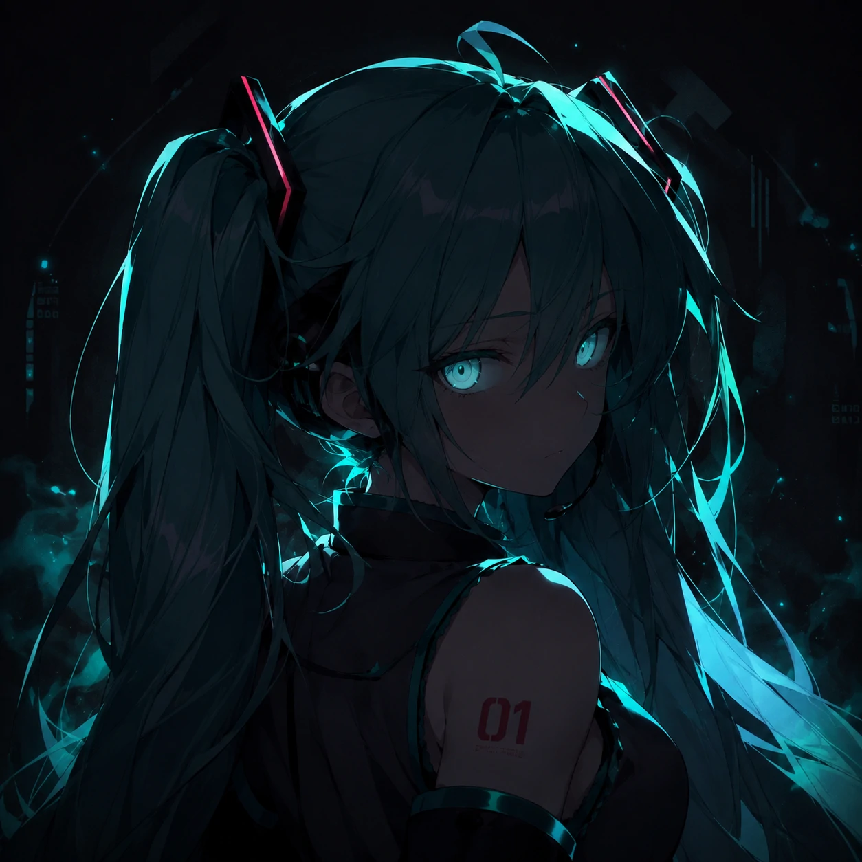 Dark Miku Discord PFP with glowing eyes and subtle teal rim lighting