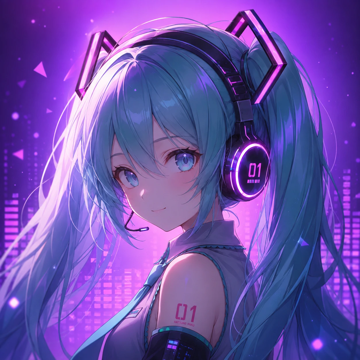 Miku Discord PFP wearing glowing headphones with purple gradient backdrop