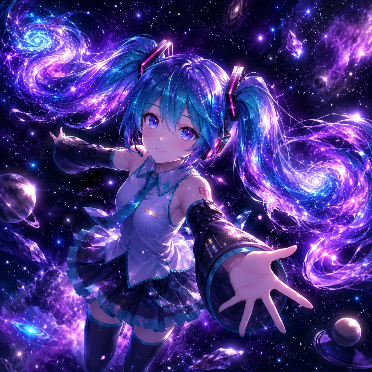 4K Miku PFP with galaxy-patterned twin-tails and cosmic purple background