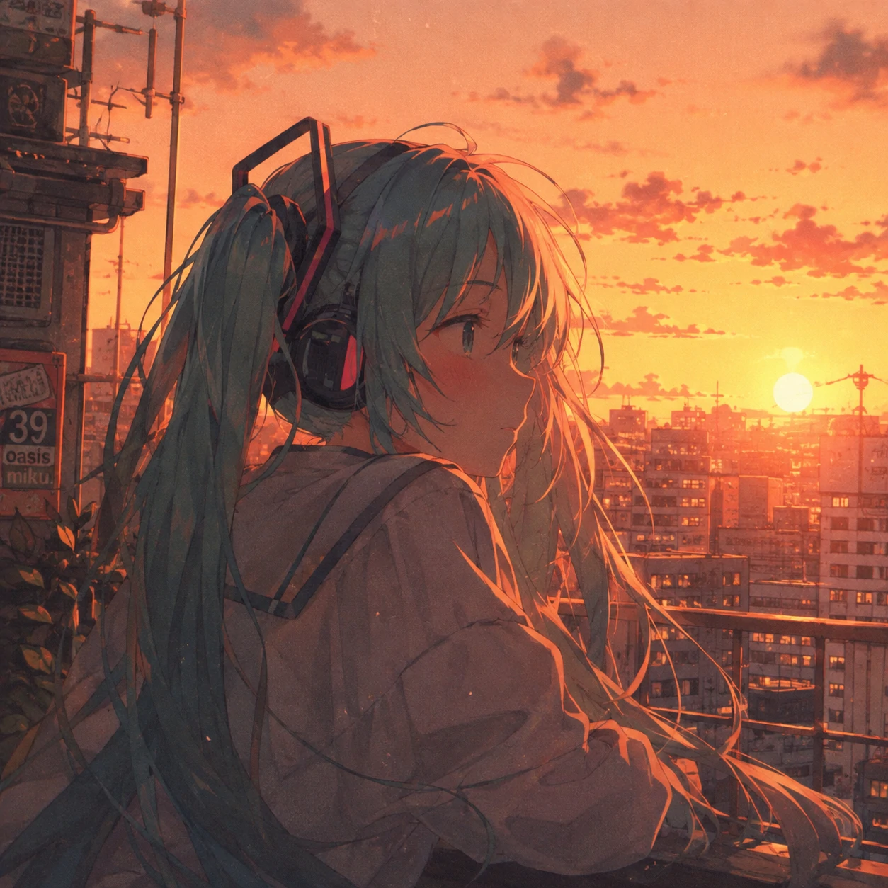 Lofi aesthetic Miku profile picture with warm sunset tones and soft blur