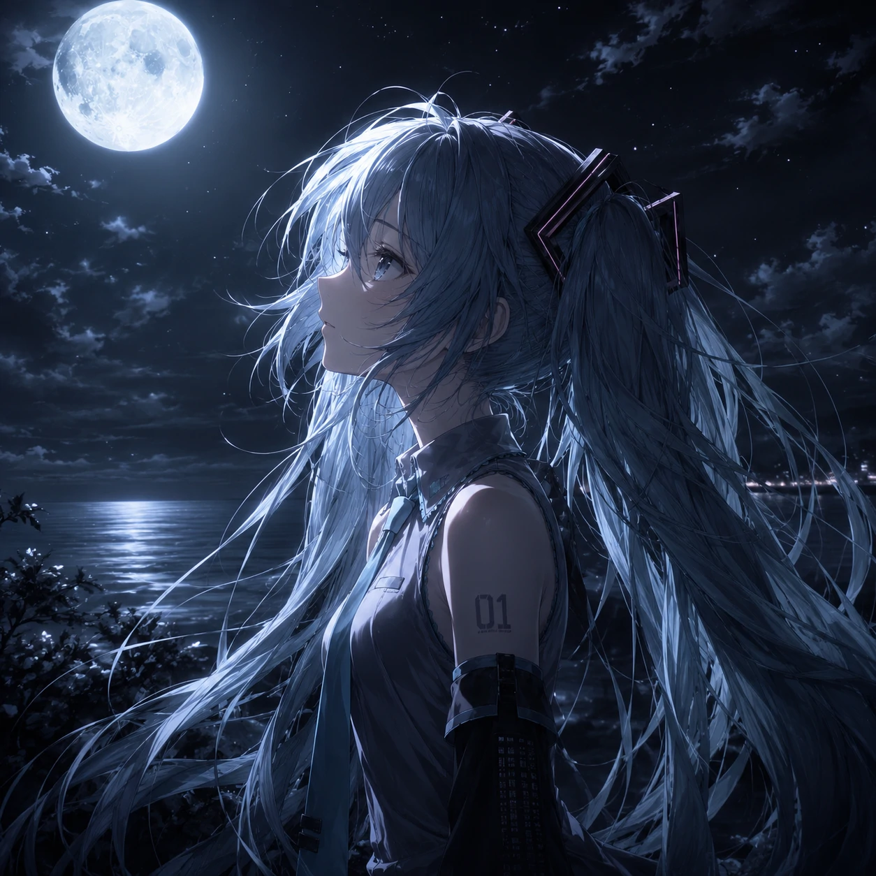 Dark Miku profile picture lit by pale moonlight with silver-blue highlights