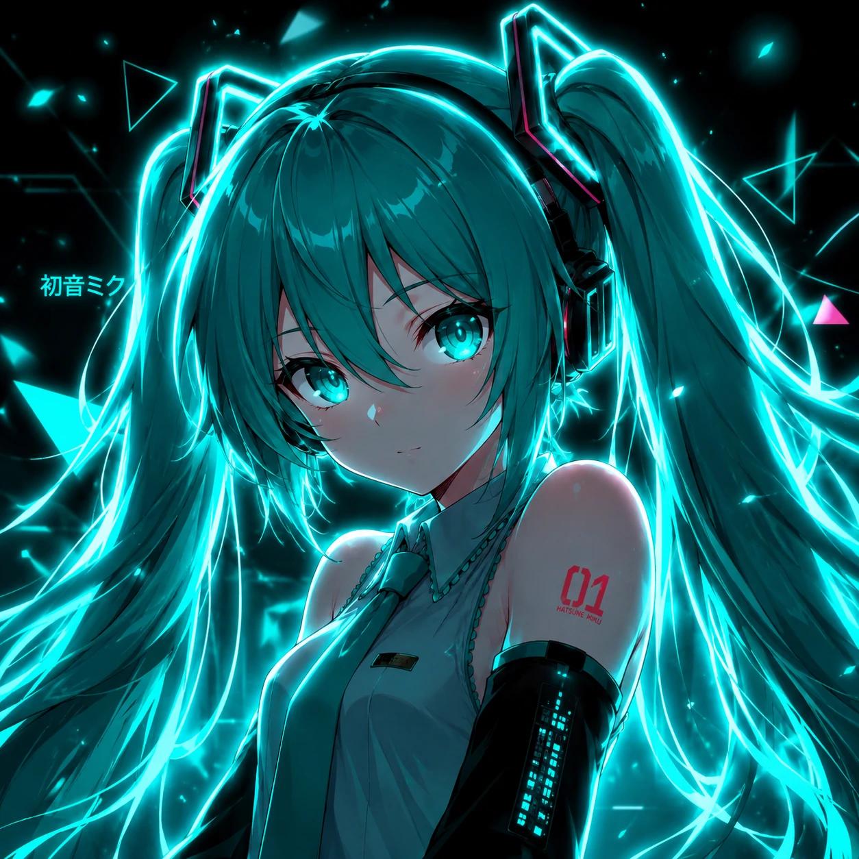 Miku PFP for Discord with bright teal neon outline on dark background
