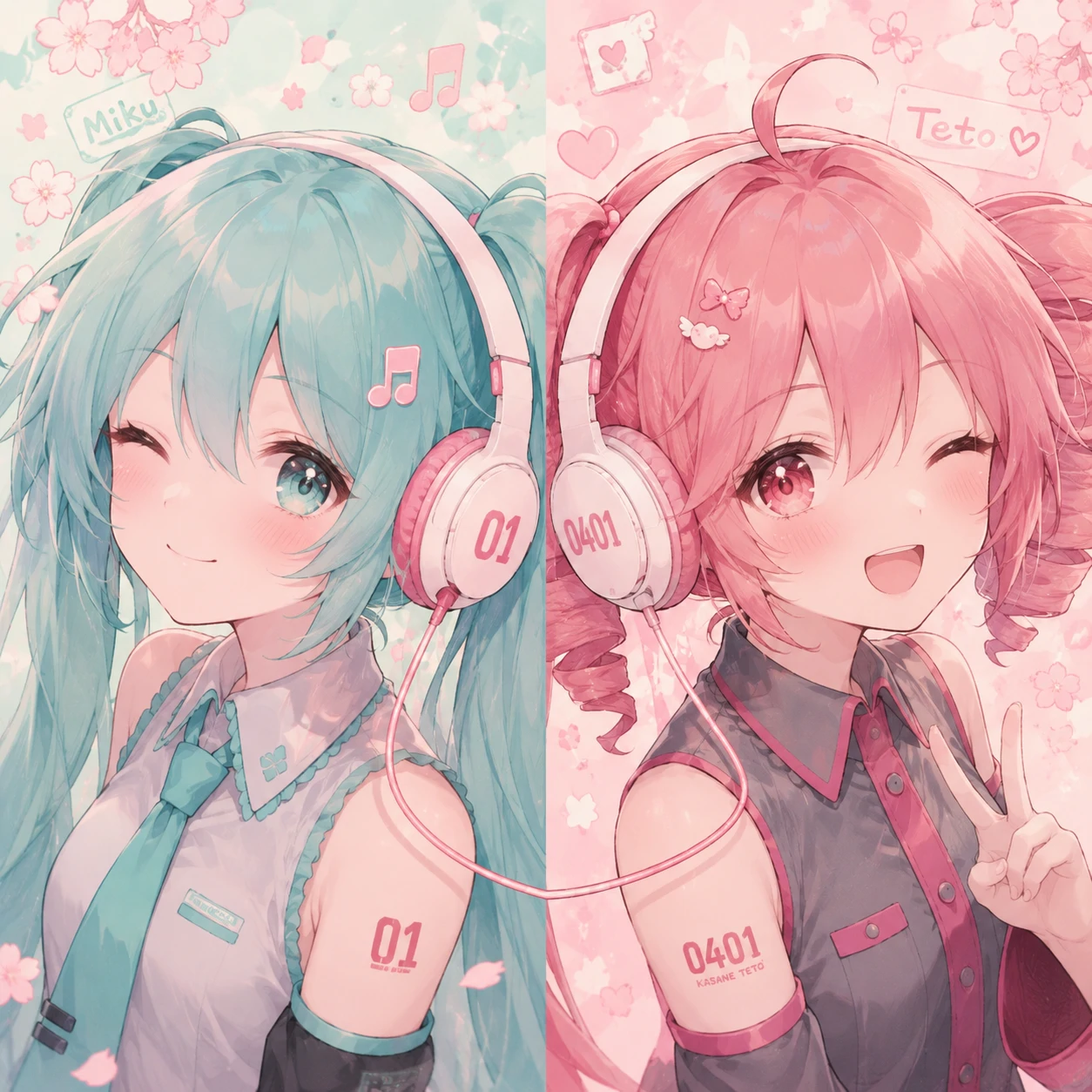 Miku and Teto matching icons sharing one pair of headphones, pastel style