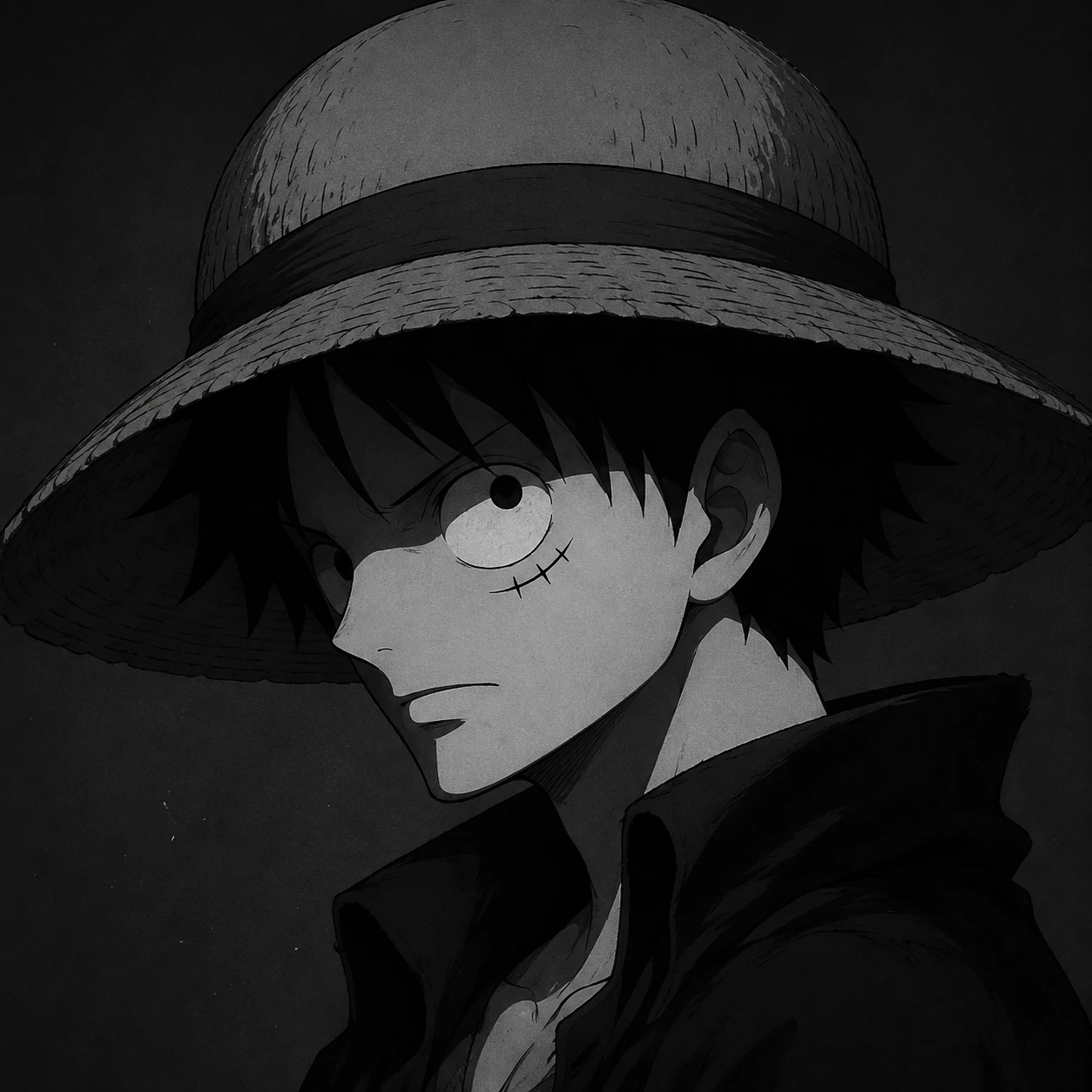 Monochrome aesthetic Luffy PFP with minimal grayscale styling