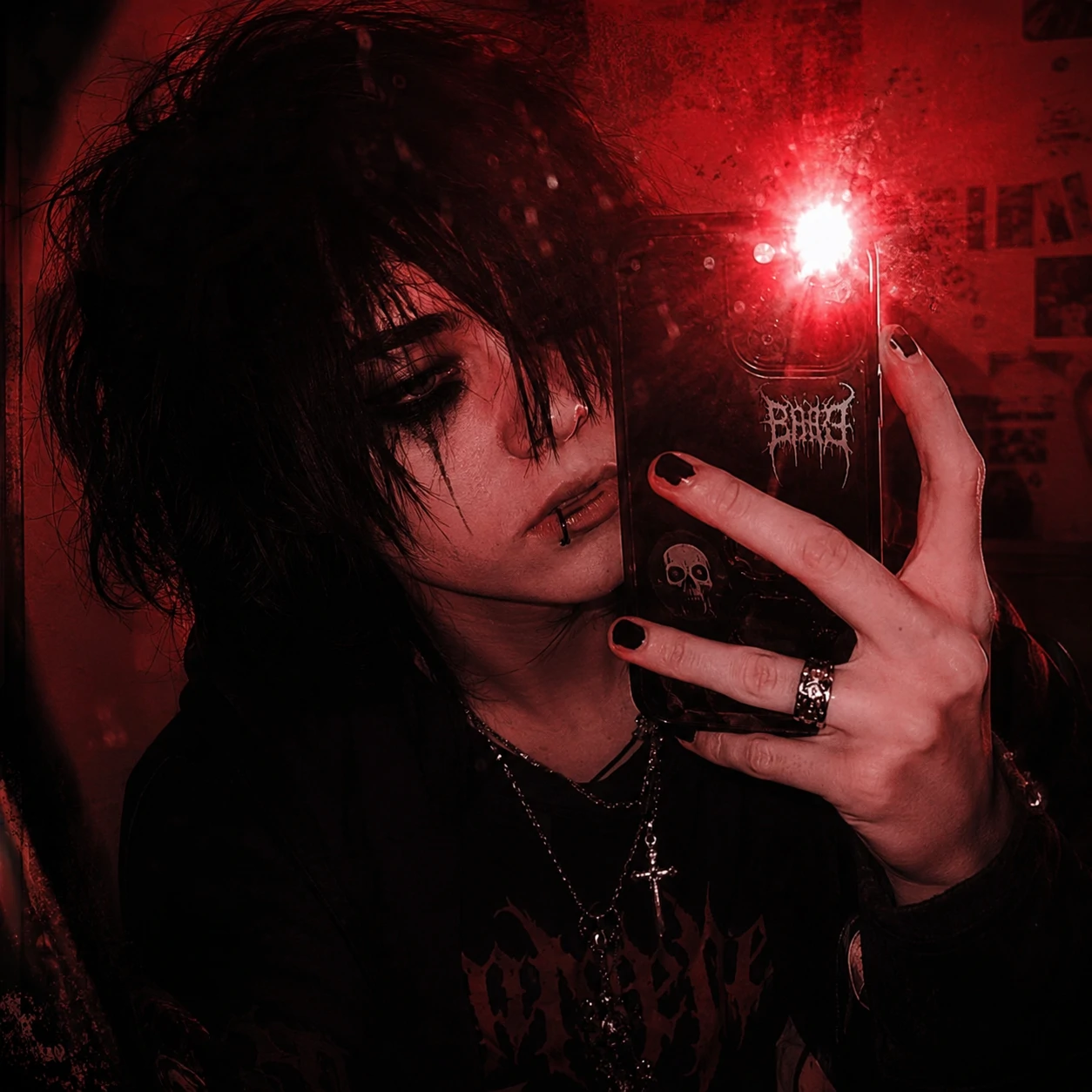 Moody emo aesthetic PFP mirror selfie with smudged eyeliner and a red flash overlay