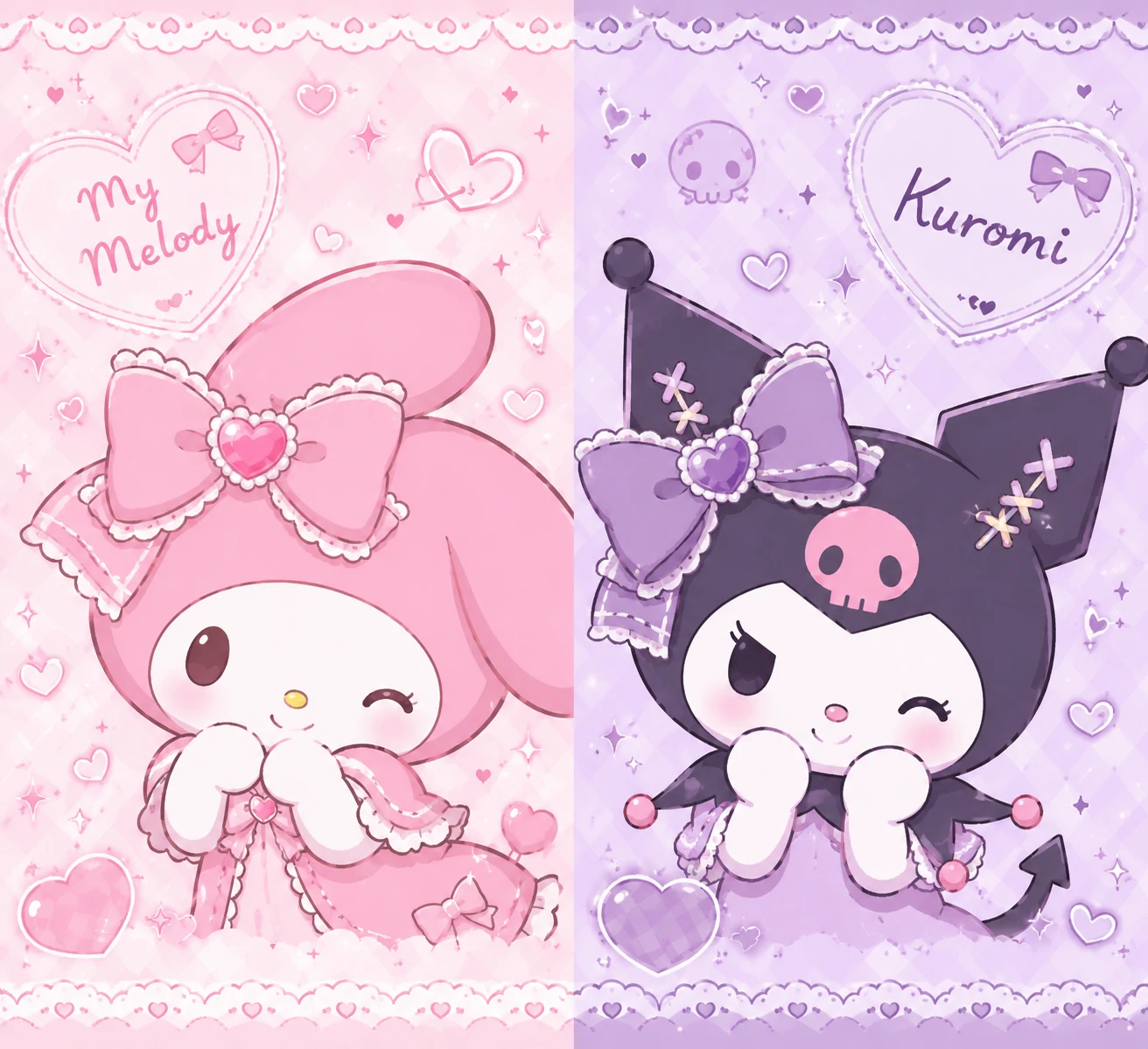 Classic Sanrio matching PFP of My Melody and Kuromi in full-body style.