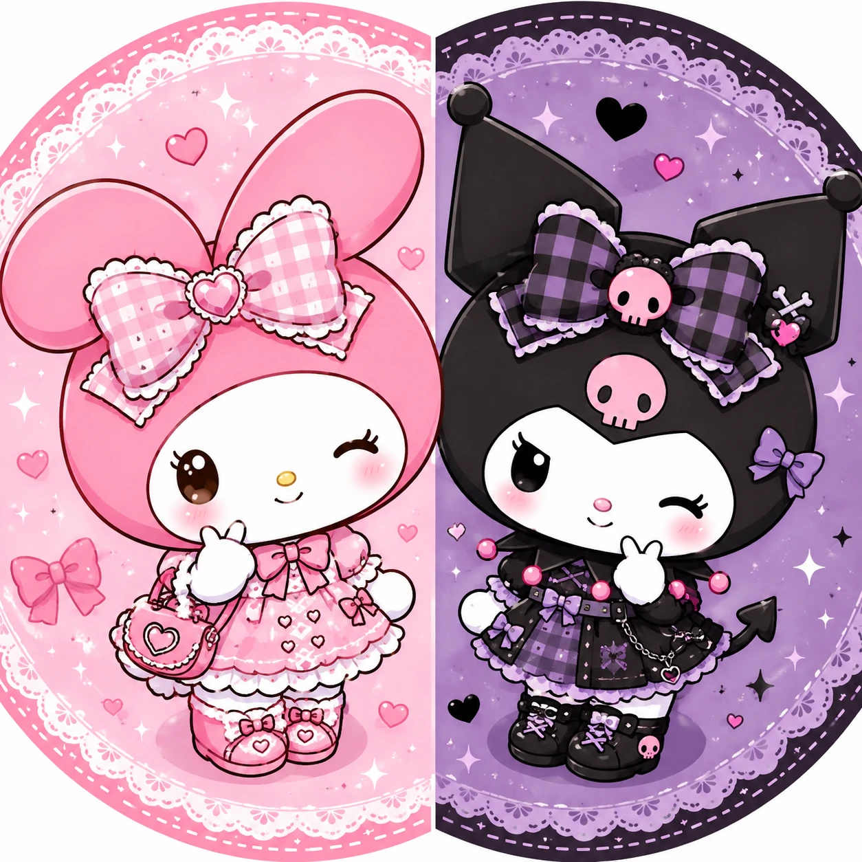 Matching PFP of My Melody and Kuromi holding hands in soft pink frame.