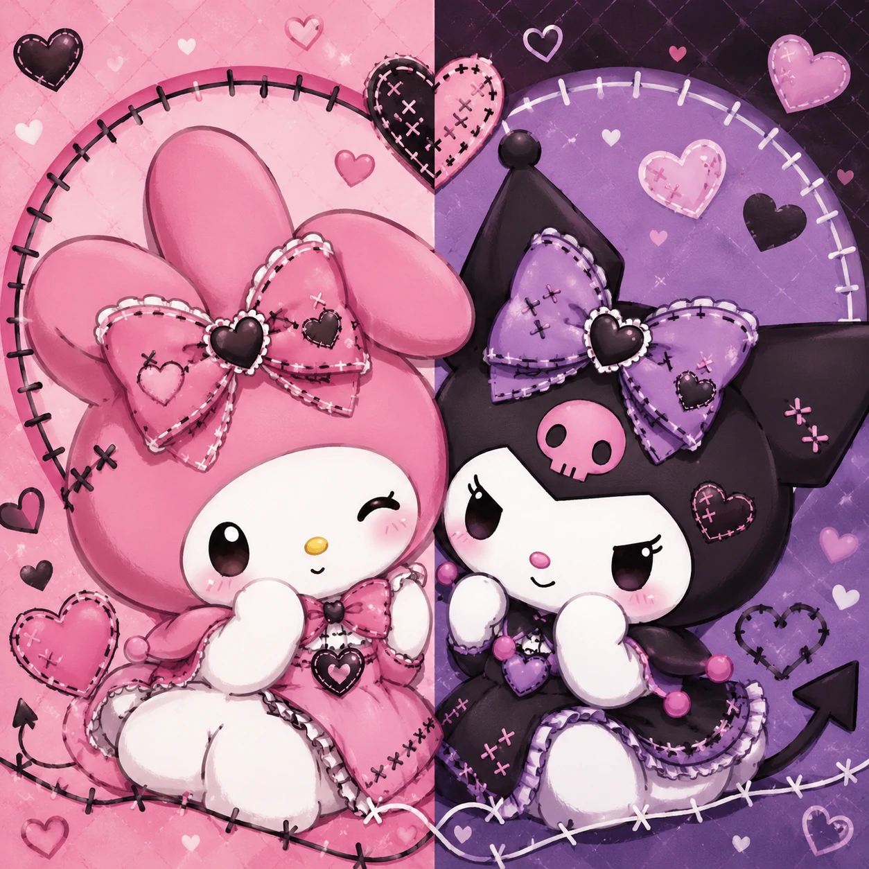 Chibi My Melody and Kuromi matching profile picture set with tiny cartoon bodies.