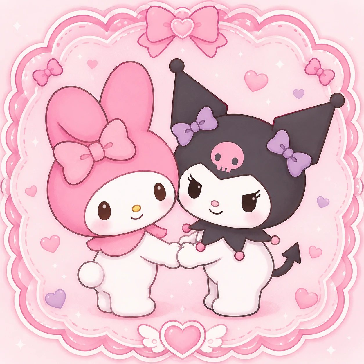 Couple-style My Melody and Kuromi matching PFP with shared bow and heart motif.