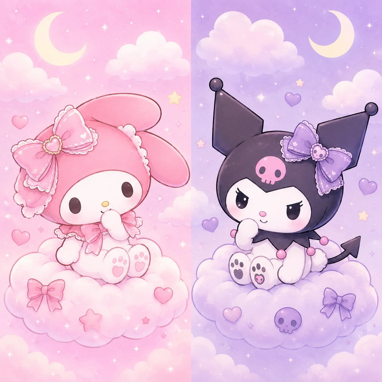 Pastel matching PFP of My Melody and Kuromi with soft cloud backgrounds.