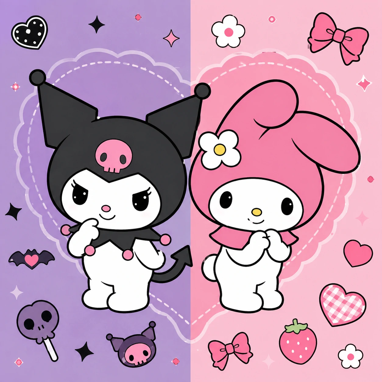 Best-friend My Melody and Kuromi matching PFP set with pastel side-by-side layout.