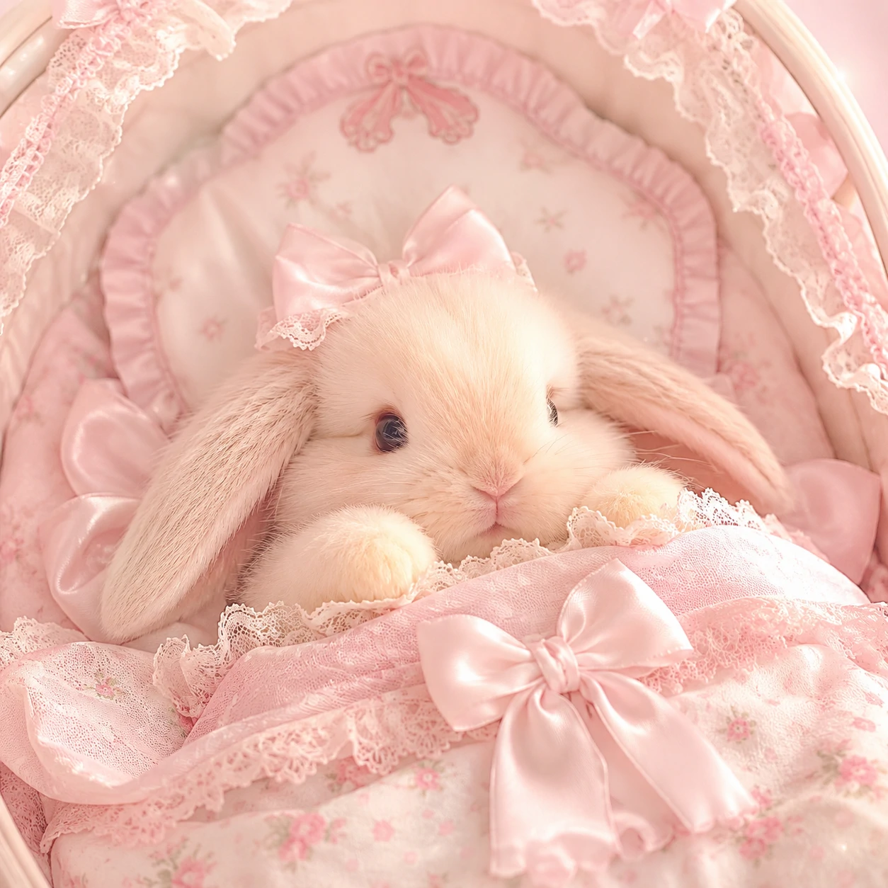 Rose-tinted bunny coquette PFP with floppy ears and pearl charm.