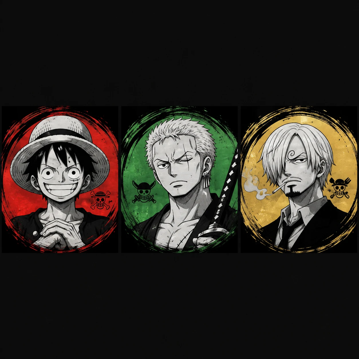One Piece matching PFP trio with Luffy, Zoro, and Sanji