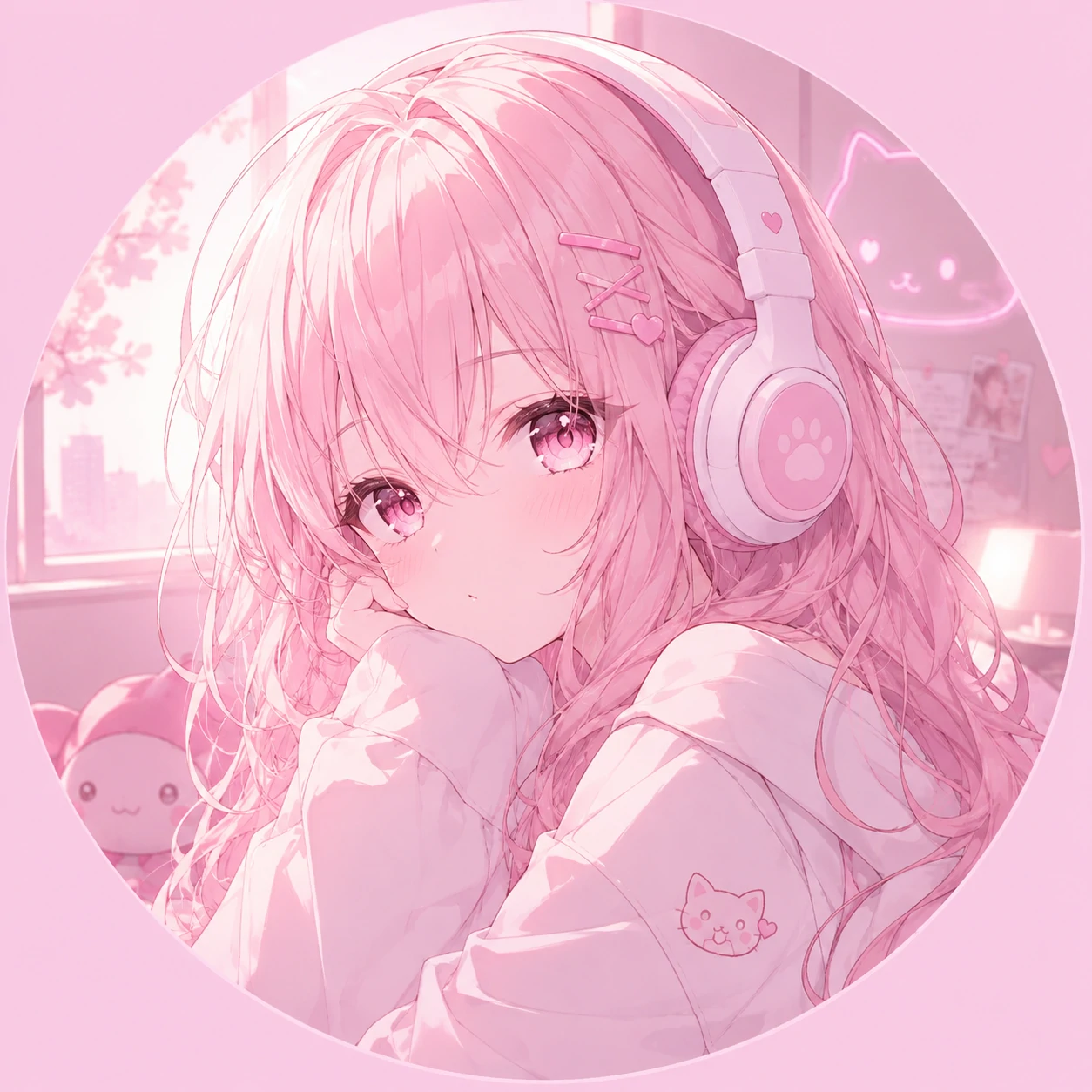 Pastel anime pink pfp showing a girl in headphones under soft lighting