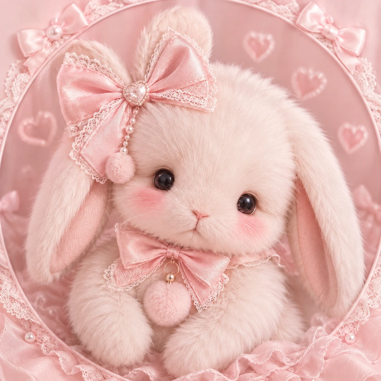 Pastel bunny coquette PFP with a matching ear bow and pom-pom charm.