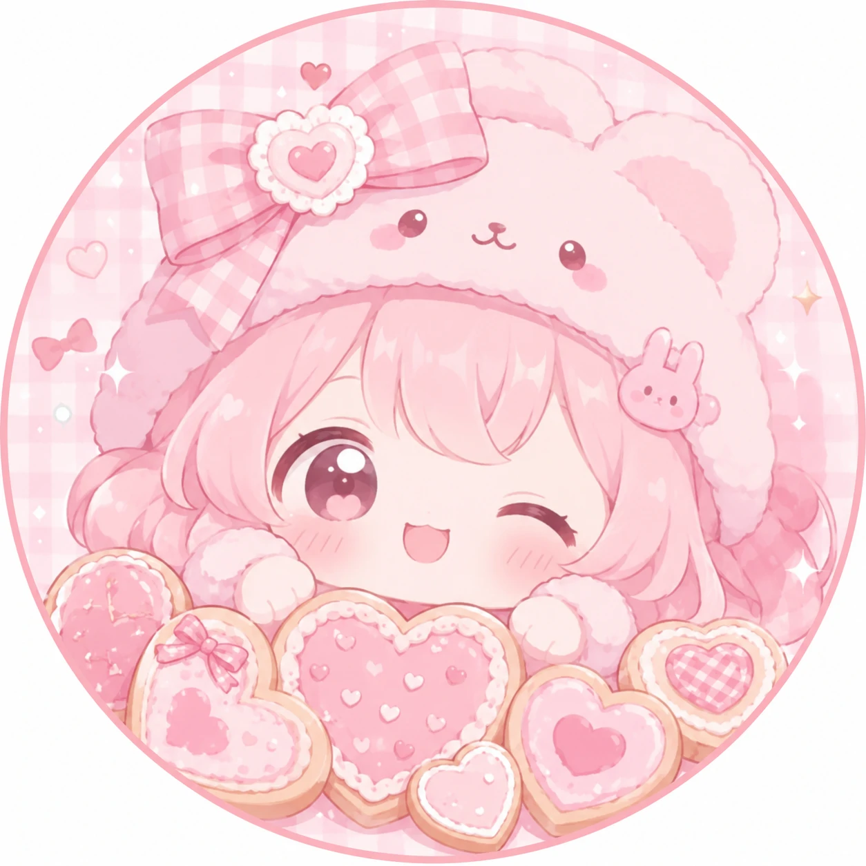 Pastel cute pink pfp with heart cookies and a smiling character face