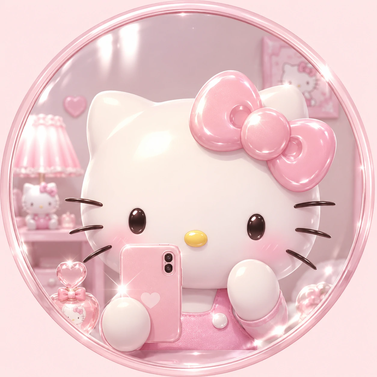 Pastel Hello Kitty pfp with mirror shine and pale blush highlights