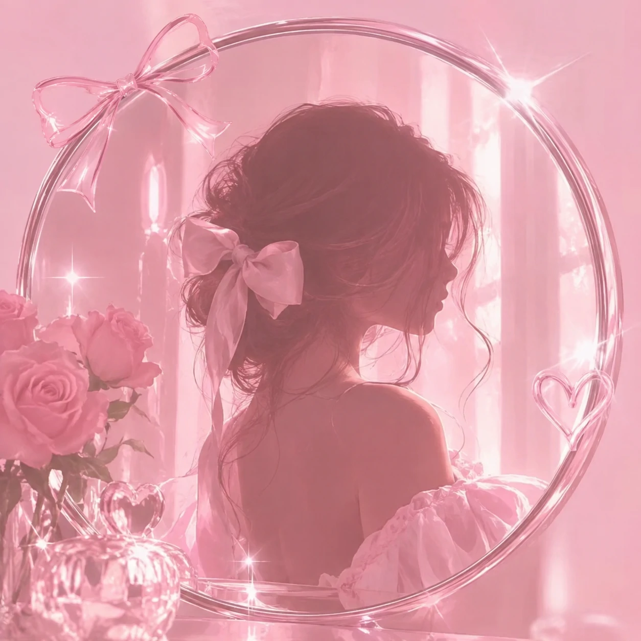 Pastel pink pfp showing glossy mirror light and a clean feminine silhouette