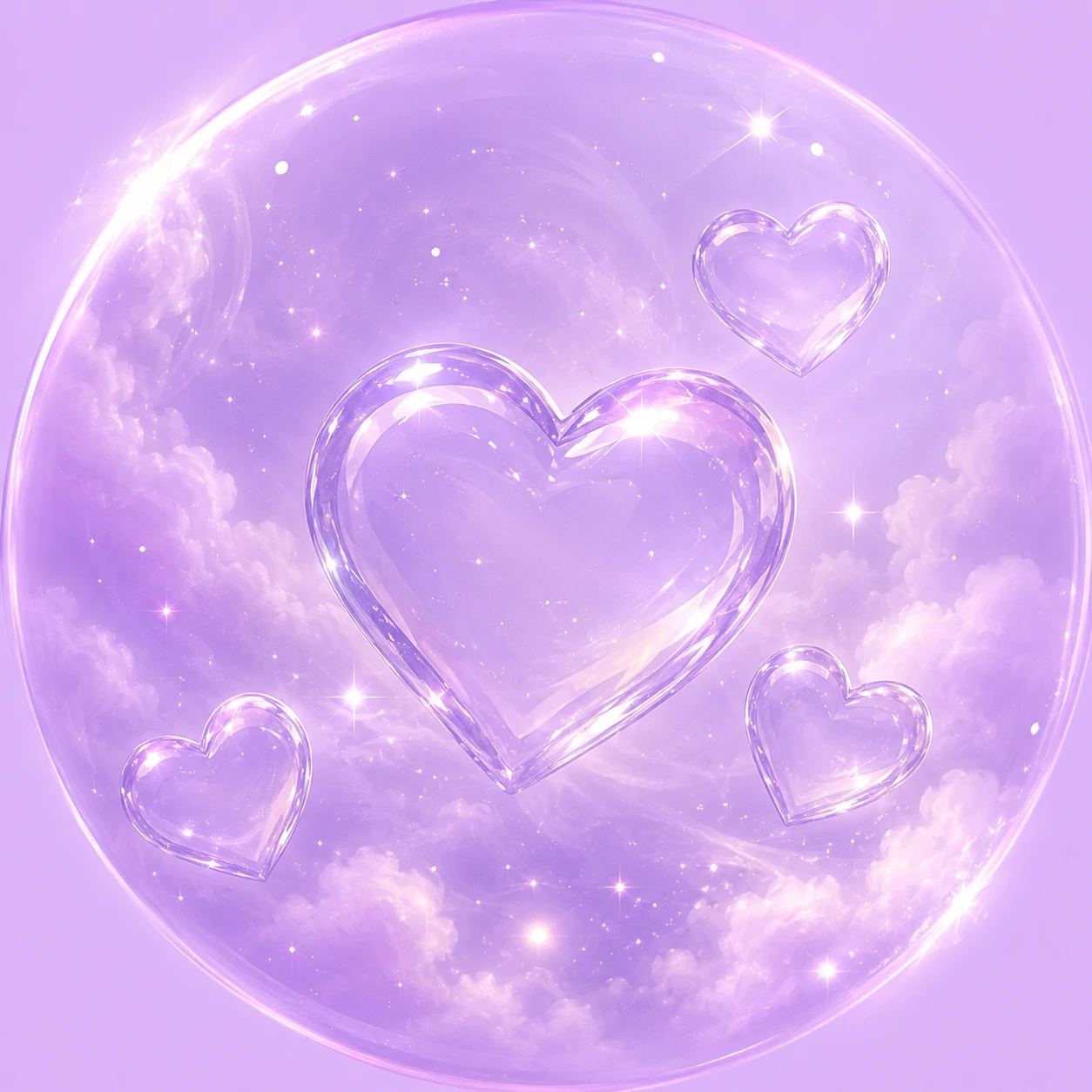Pastel purple aesthetic PFP with glass hearts and pale lilac shimmer